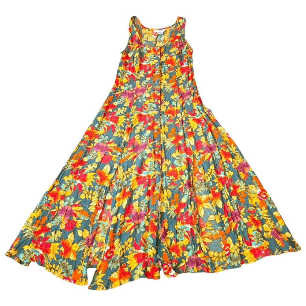 Betsy Lauren 11/12 Vintage 80's Orange Floral Print Button Down Slits Maxi Dress